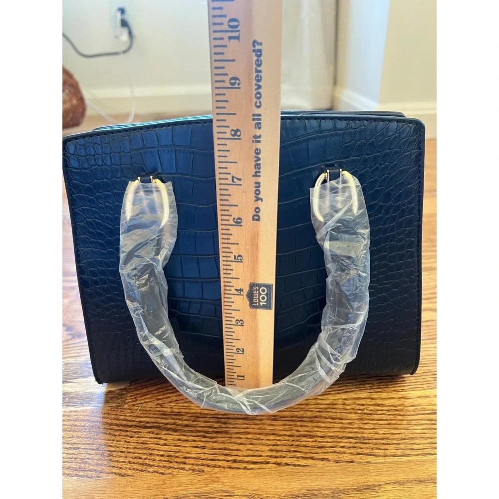 La Terre Black Croco Embossed Vegan Leather Satchel Bag NWT OS